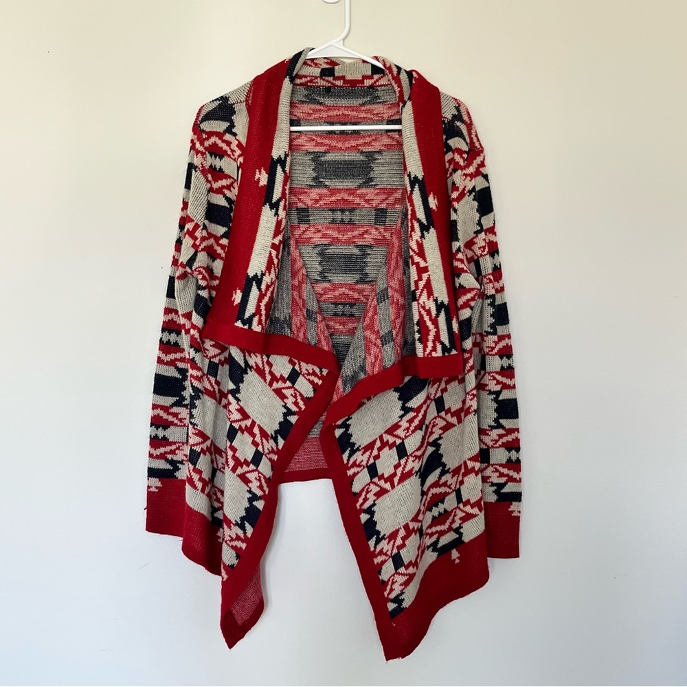 Women's b. Sharp large red/ blue/ cream Aztec Cardigan Mohair Blend